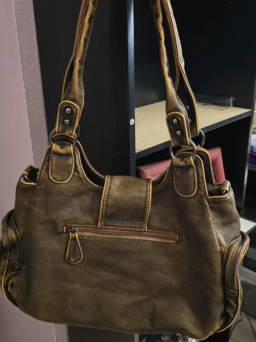 Angel Kiss Distressed Brown Shoulder Bag with Buckle & Charm Accents